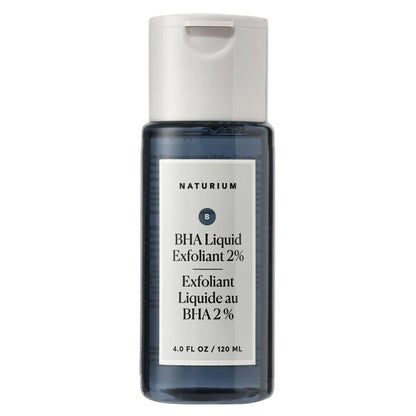 A clear bottle of Naturium BHA Liquid Exfoliant 2% (120ml) – Pore Refining Exfoliant with a white flip-top cap and label, featuring English and French details. This salicylic acid formula helps unclog pores for smoother skin.