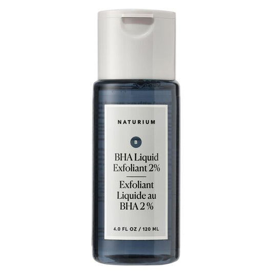 A clear bottle of Naturium BHA Liquid Exfoliant 2% (120ml) – Pore Refining Exfoliant with a white flip-top cap and label, featuring English and French details. This salicylic acid formula helps unclog pores for smoother skin.