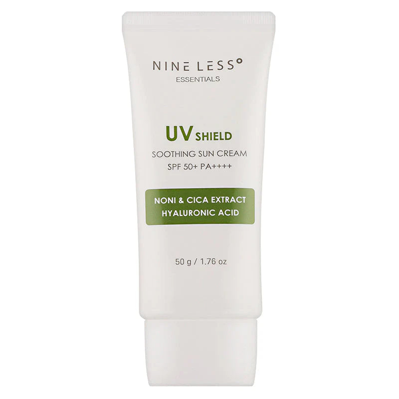 Nine Less UV Shield Soothing Sun Cream tube on a white background