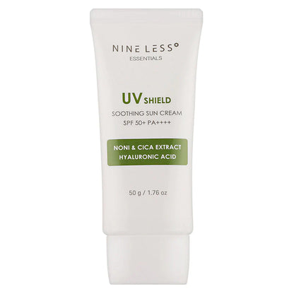 Nine Less UV Shield Soothing Sun Cream tube on a white background