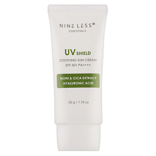 Nine Less UV Shield Soothing Sun Cream tube on a white background