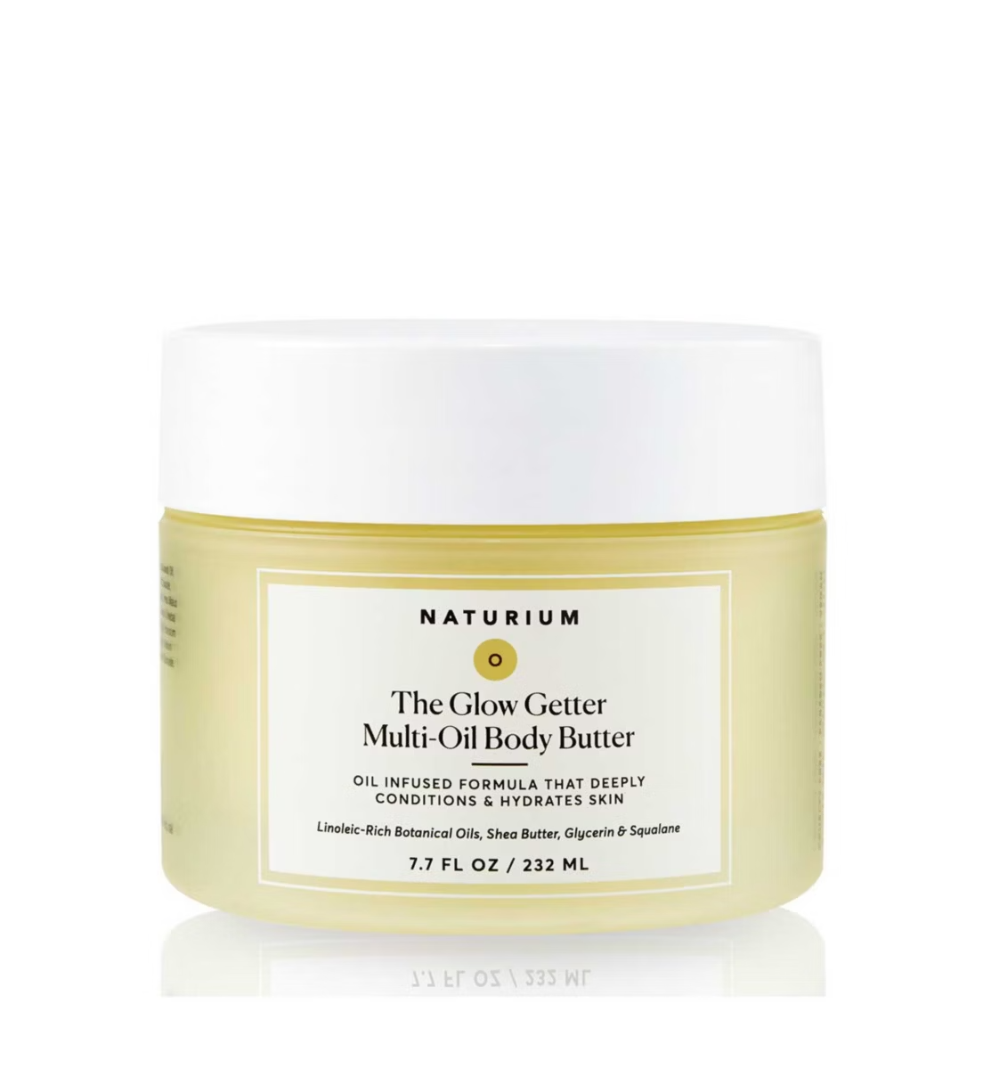 A 7.7 fl oz (232 ml) jar of NATURIUM The Glow Getter Multi-Oil Body Butter with a white lid and pale yellow container, featuring an oil-infused formula that deeply hydrates and conditions skin.