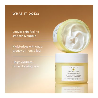 An open jar of NATURIUM The Glow Getter Multi-Oil Body Butter is stacked on a closed jar against a gold gradient background, with text highlighting its radiant glow, intense hydration, and smoother, firmer-looking skin.