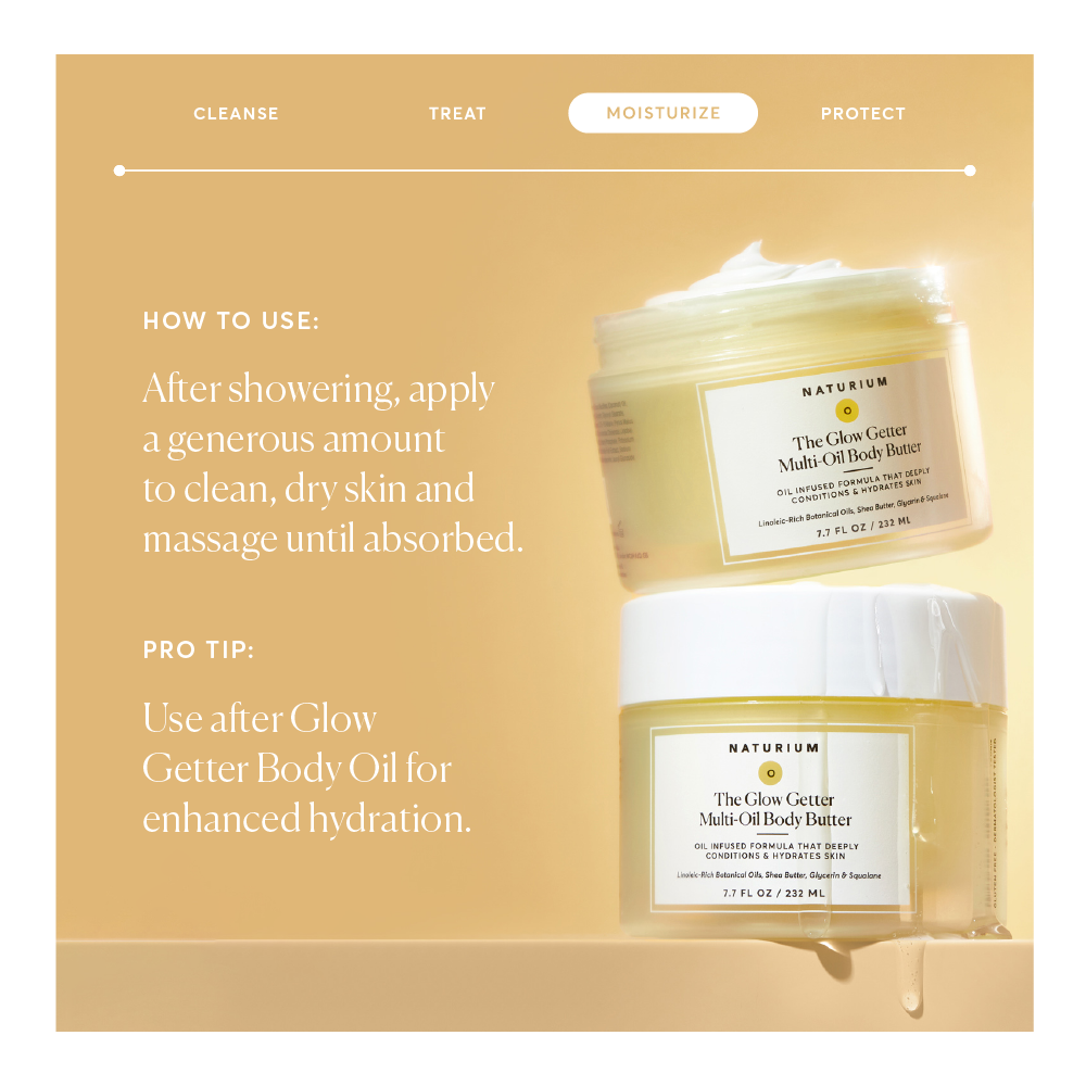 Two jars of NATURIUM The Glow Getter Multi-Oil Body Butter sit on a beige background—one upright, one tilted with product on the rim. Instructions and a pro tip for deep hydration and glow are displayed beside them.