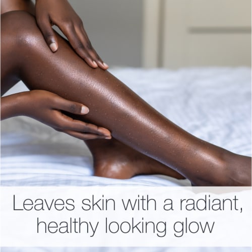 Close-up of a person's legs with a radiant glow, text overlay about skin health.