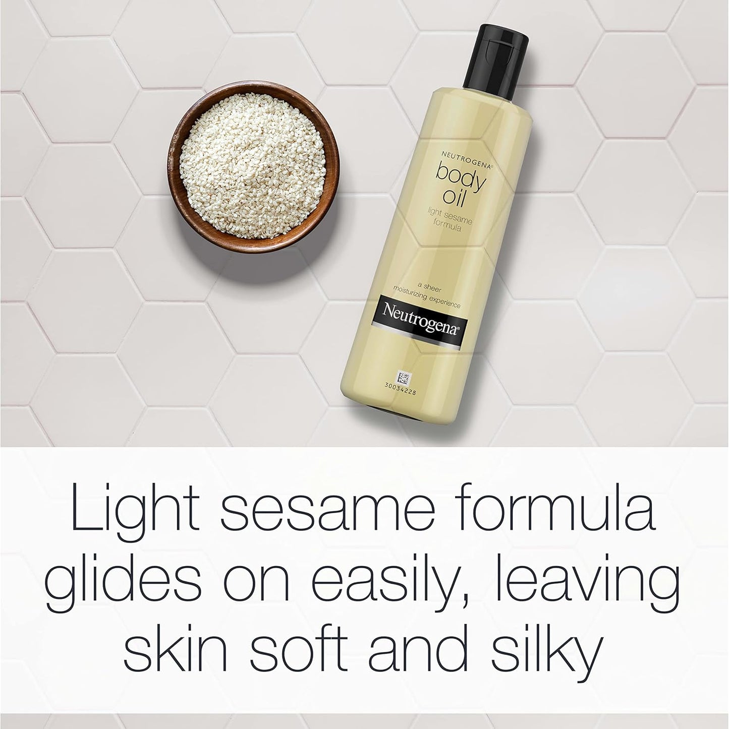Neutrogena body oil bottle with a bowl of sesame seeds on a white tiled background