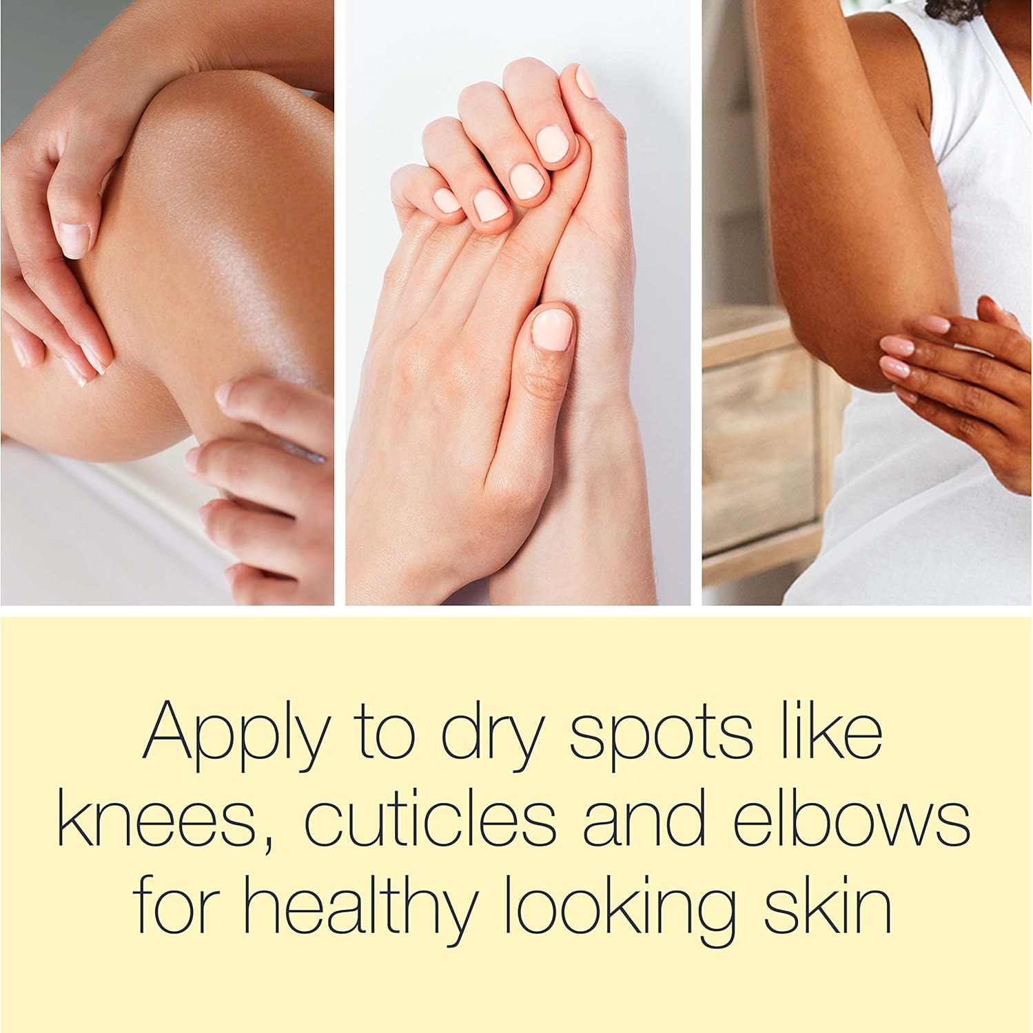 Collage of hands and legs with text promoting skincare product use on dry spots.