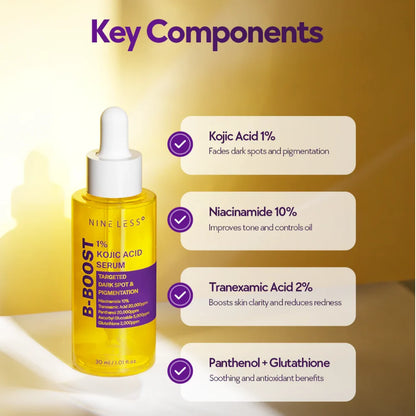 Yellow serum bottle with key components listed on a beige background