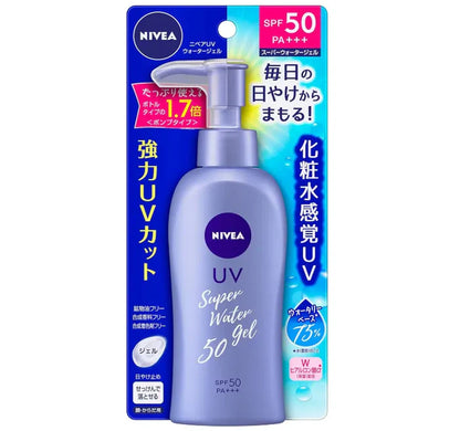 Nivea UV Super Water Gel SPF 50 sun protection product with Japanese text on a white background