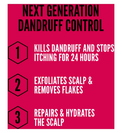 Infographic titled Next Generation Dandruff Control demonstrating Nizoral Anti-Dandruff Daily Prevent Shampoo: 1) Eliminates dandruff and relieves itching for 24 hours. 2) Exfoliates scalp, removes flakes. 3) Utilizes Crinipan® PMC Green to repair and hydrate the scalp efficiently.
