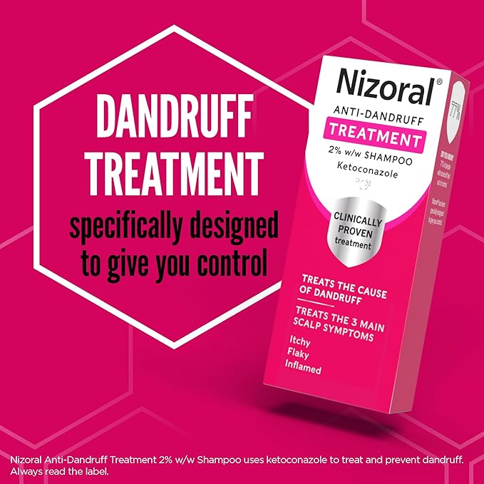 Image of a Nizoral Anti-dandruff Shampoo box on a pink hexagonal background, emphasizing Dandruff Treatment with powerful ketoconazole, crafted to control and alleviate dandruff symptoms: flaky, itchy scalp.
