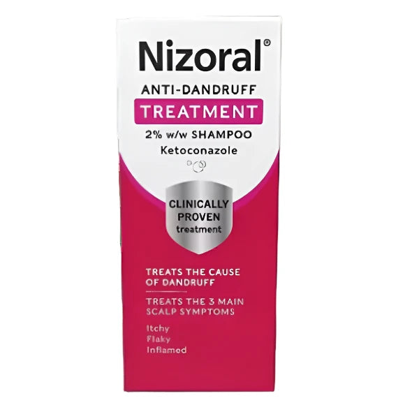 Nizoral Anti-dandruff Shampoo features a clinically proven formula with 2% ketoconazole, designed to relieve itchy, flaky scalp symptoms associated with dandruff. It comes in a pink and white box.