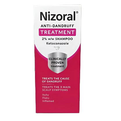 Nizoral Anti-dandruff Shampoo features a clinically proven formula with 2% ketoconazole, designed to relieve itchy, flaky scalp symptoms associated with dandruff. It comes in a pink and white box.