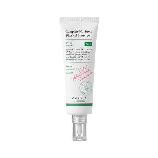 AXIS-Y Complete No-Stress Physical Sunscreen 50ml comes in a white tube with vibrant green and pink text. Featuring a 6+1+1 Advanced Formula, its infused with mugwort and niacinamide for effective sun care, offering SPF 50+.