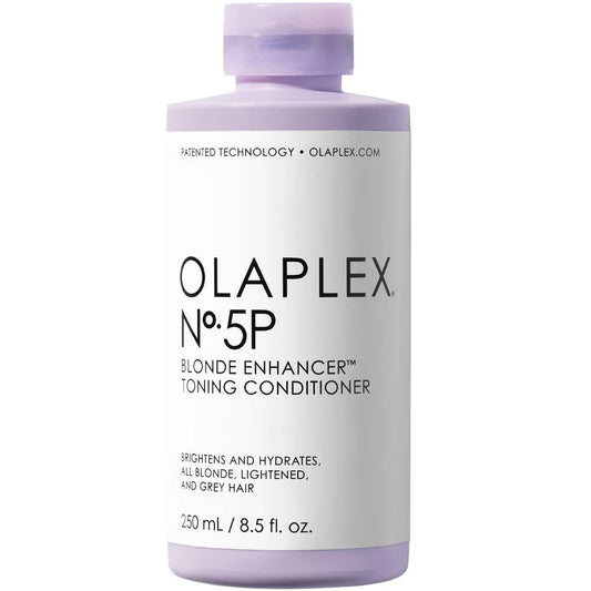 A 250ml bottle of OLAPLEX No. 5P Blonde Enhancer Toning Conditioner, with a light purple cap and white label with black text.