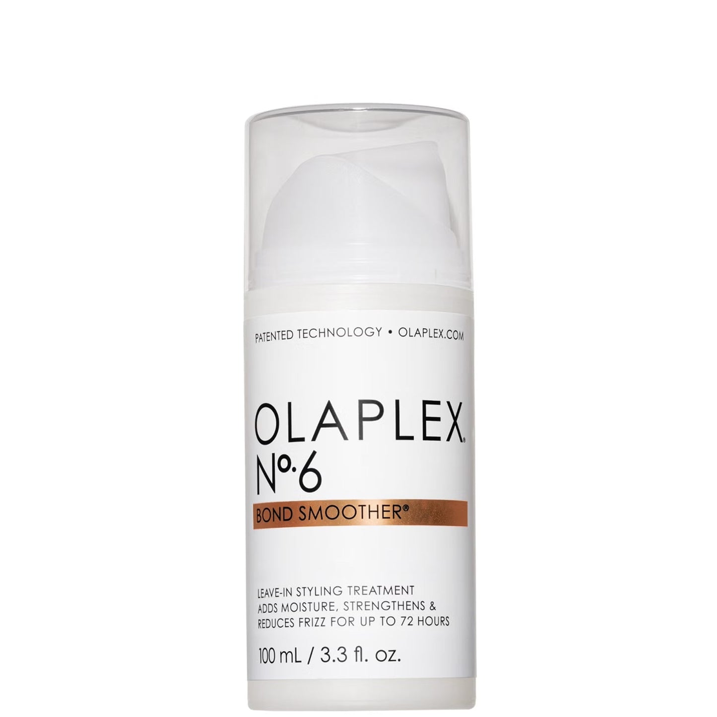 The OLAPLEX No.6 Bond Smoother Leave In Treatment 100ml features a white and clear pump dispenser with product details on the label—ideal for taming frizz and flyaways.