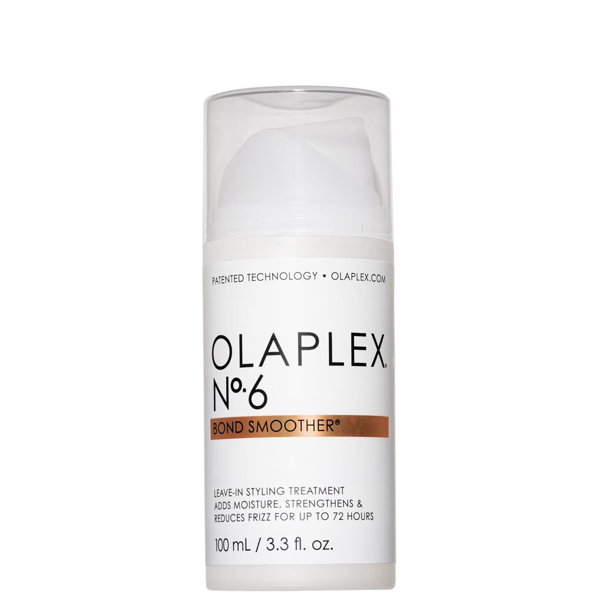 The OLAPLEX No.6 Bond Smoother Leave In Treatment 100ml features a white and clear pump dispenser with product details on the label—ideal for taming frizz and flyaways.