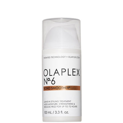 The OLAPLEX No.6 Bond Smoother Leave In Treatment 100ml features a white and clear pump dispenser with product details on the label—ideal for taming frizz and flyaways.
