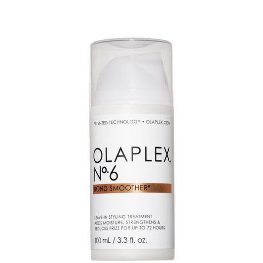 The OLAPLEX No.6 Bond Smoother Leave In Treatment 100ml features a white and clear pump dispenser with product details on the label—ideal for taming frizz and flyaways.