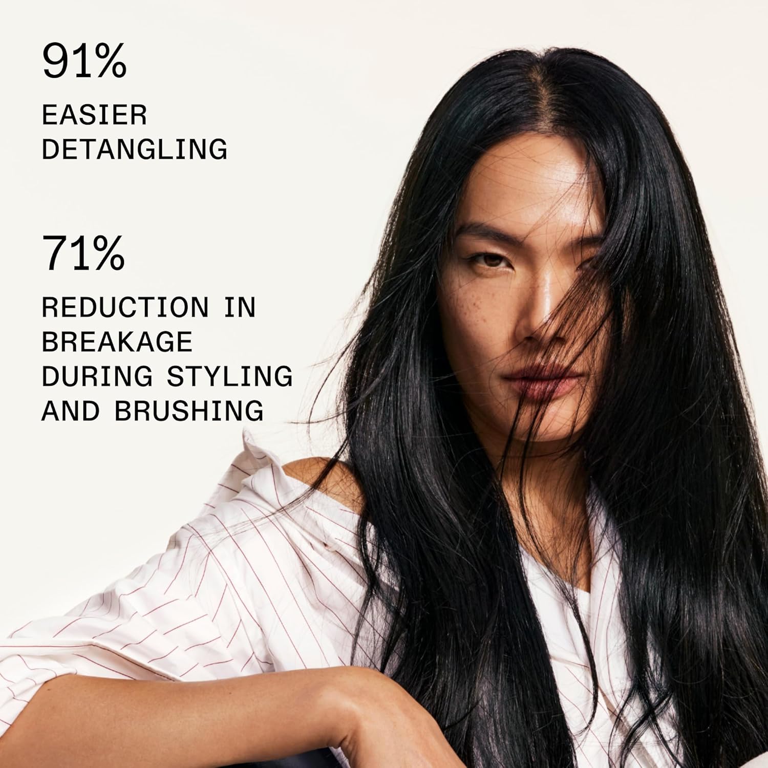 A woman with long, shiny black hair looks confidently at the camera. Text: “91% easier detangling” and “71% less breakage.” Powered by OLAPLEX No.6 Bond Smoother Leave In Treatment 100ml to fight frizz and flyaways.