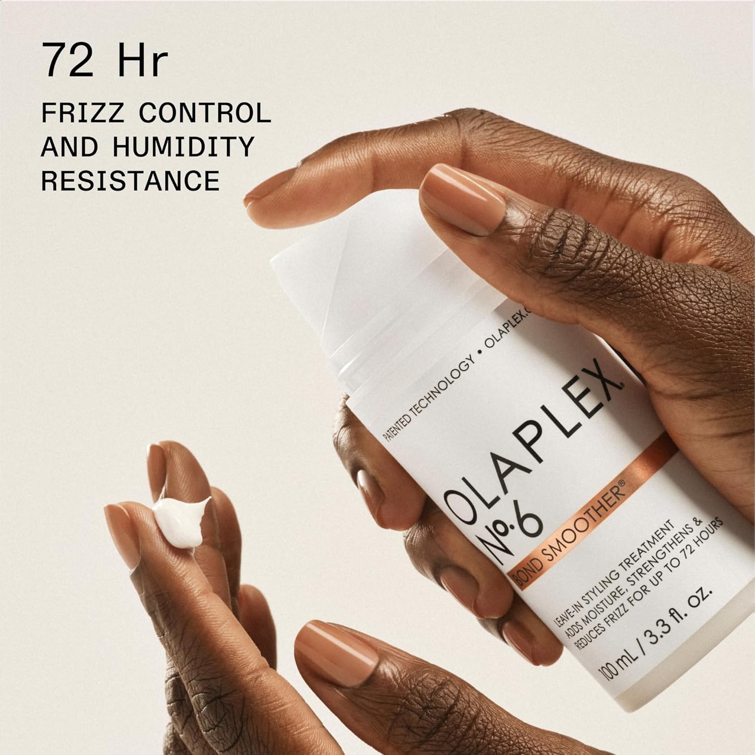 A hand dispenses OLAPLEX No.6 Bond Smoother Leave In Treatment 100ml onto fingers, with text highlighting 72-hour frizz control and humidity resistance—ideal for taming frizz and flyaways—on a beige background.