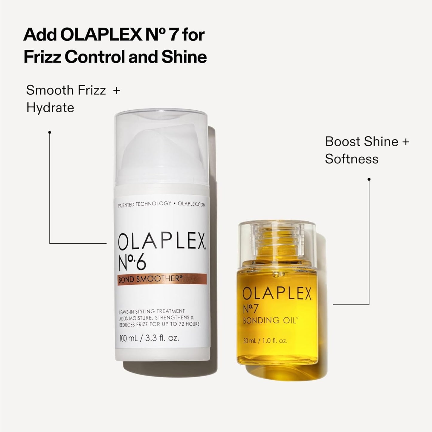 OLAPLEX No.6 Bond Smoother Leave In Treatment 100ml bottles shown side by side, highlighting frizz and flyaway control, enhanced hydration, shine, and softness.