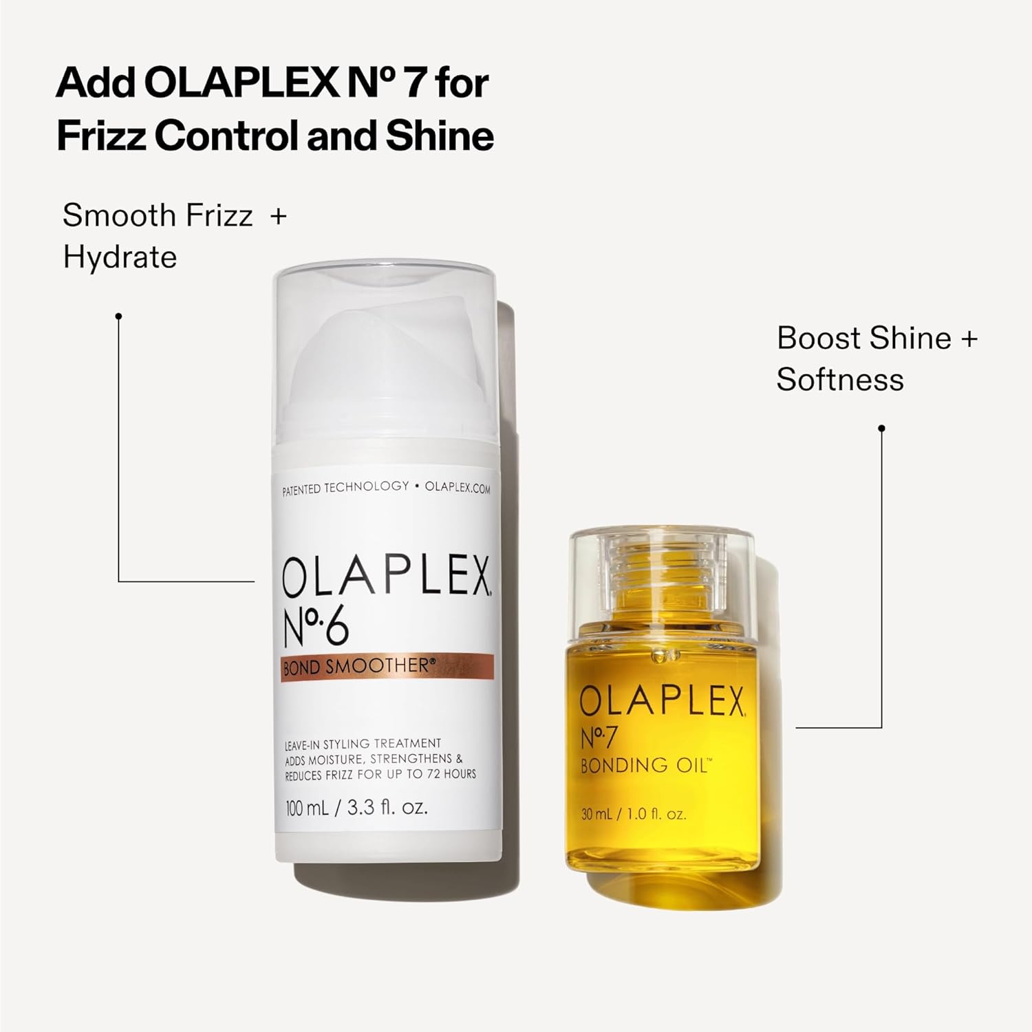 OLAPLEX No.6 Bond Smoother Leave In Treatment 100ml bottles shown side by side, highlighting frizz and flyaway control, enhanced hydration, shine, and softness.