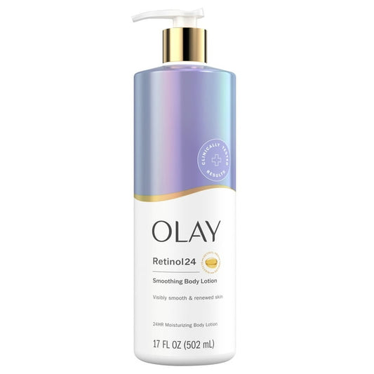 A 17 fl oz (502 mL) bottle of OLAY Smoothing Body Lotion with Retinol and Vitamin B3 Complex features a pump dispenser, a gradient purple and white design, and claims to visibly smooth and renew skin with its moisturizing effects.