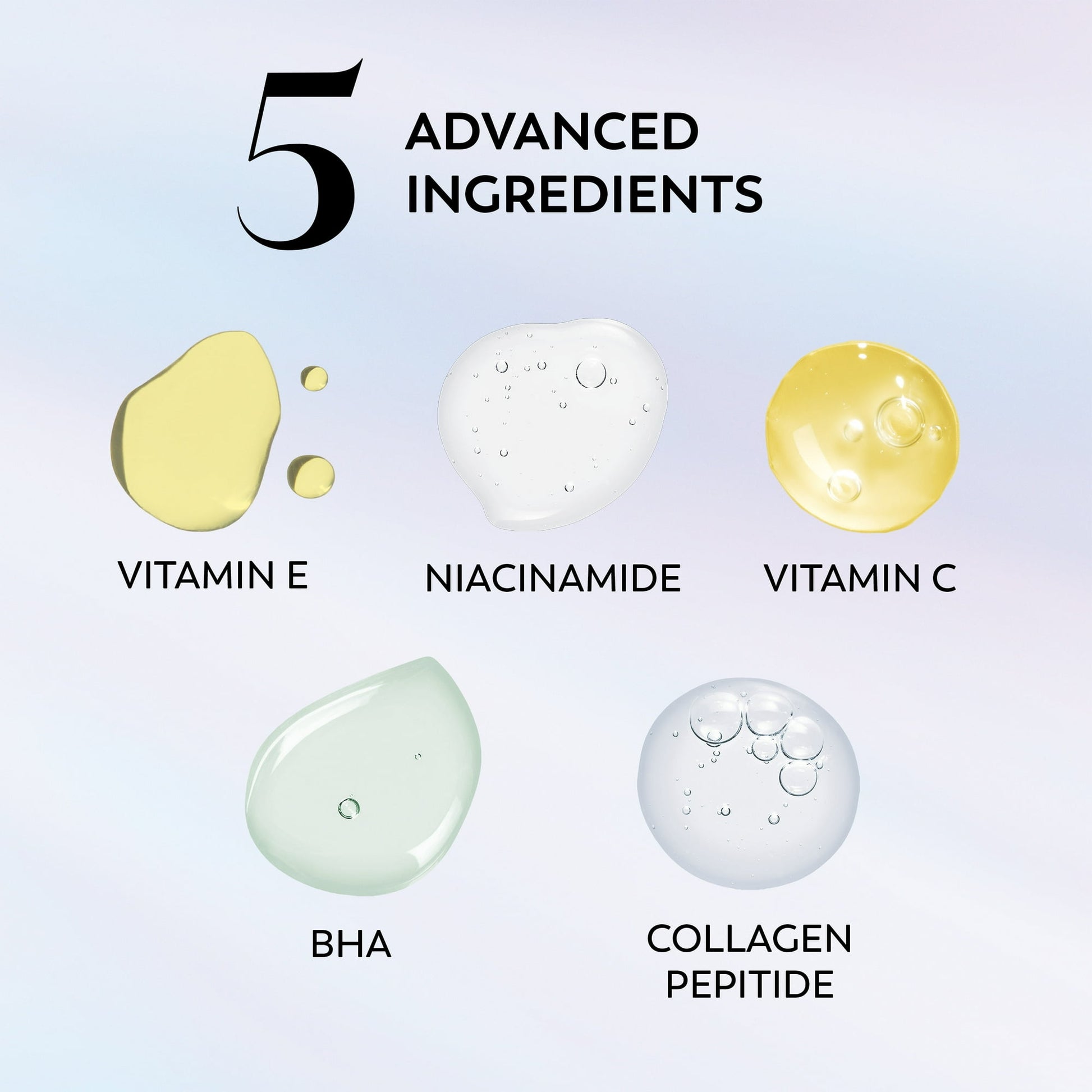 Five advanced ingredients with their names on a light blue background