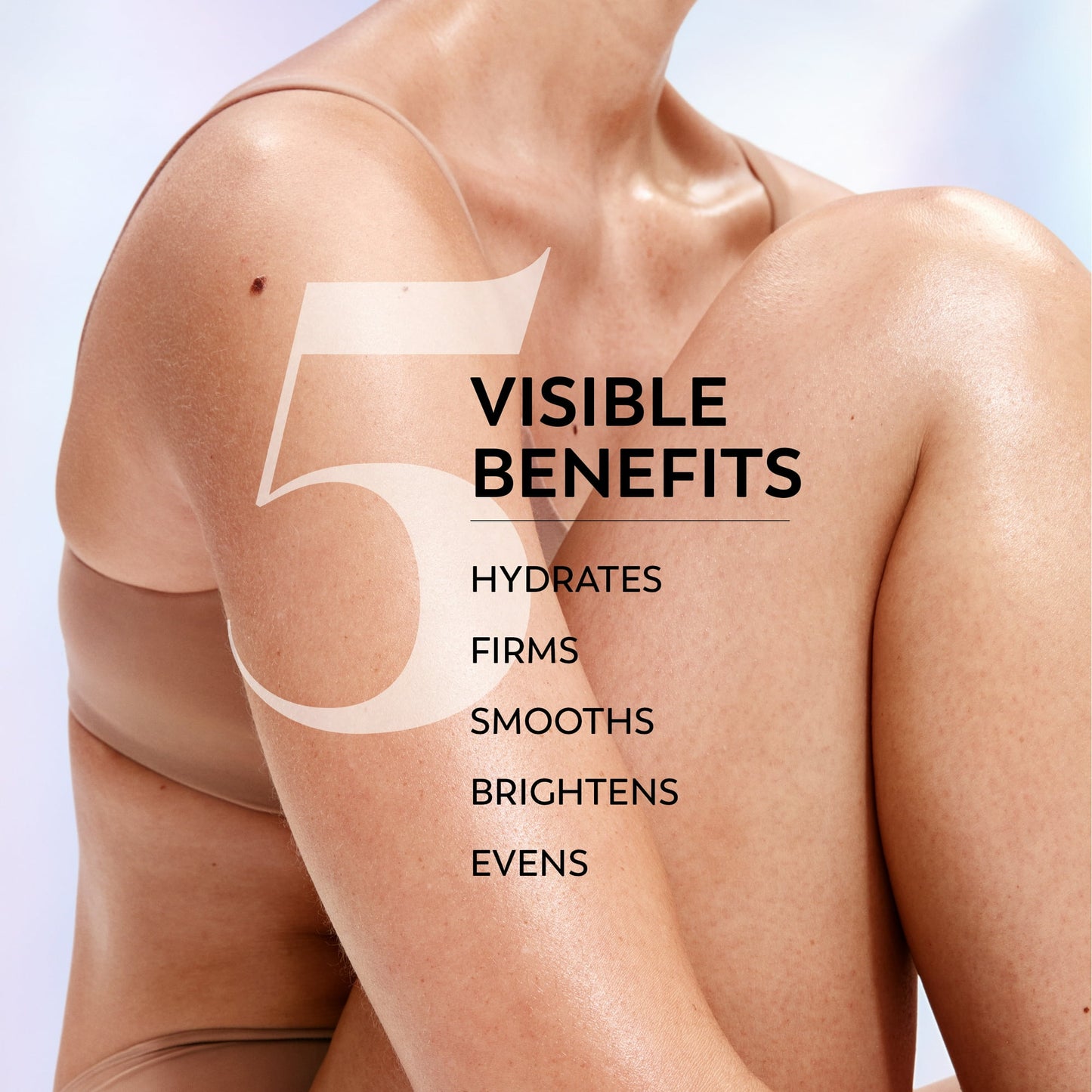 Advertisement showing a person's shoulder with text highlighting visible benefits of a skincare product.