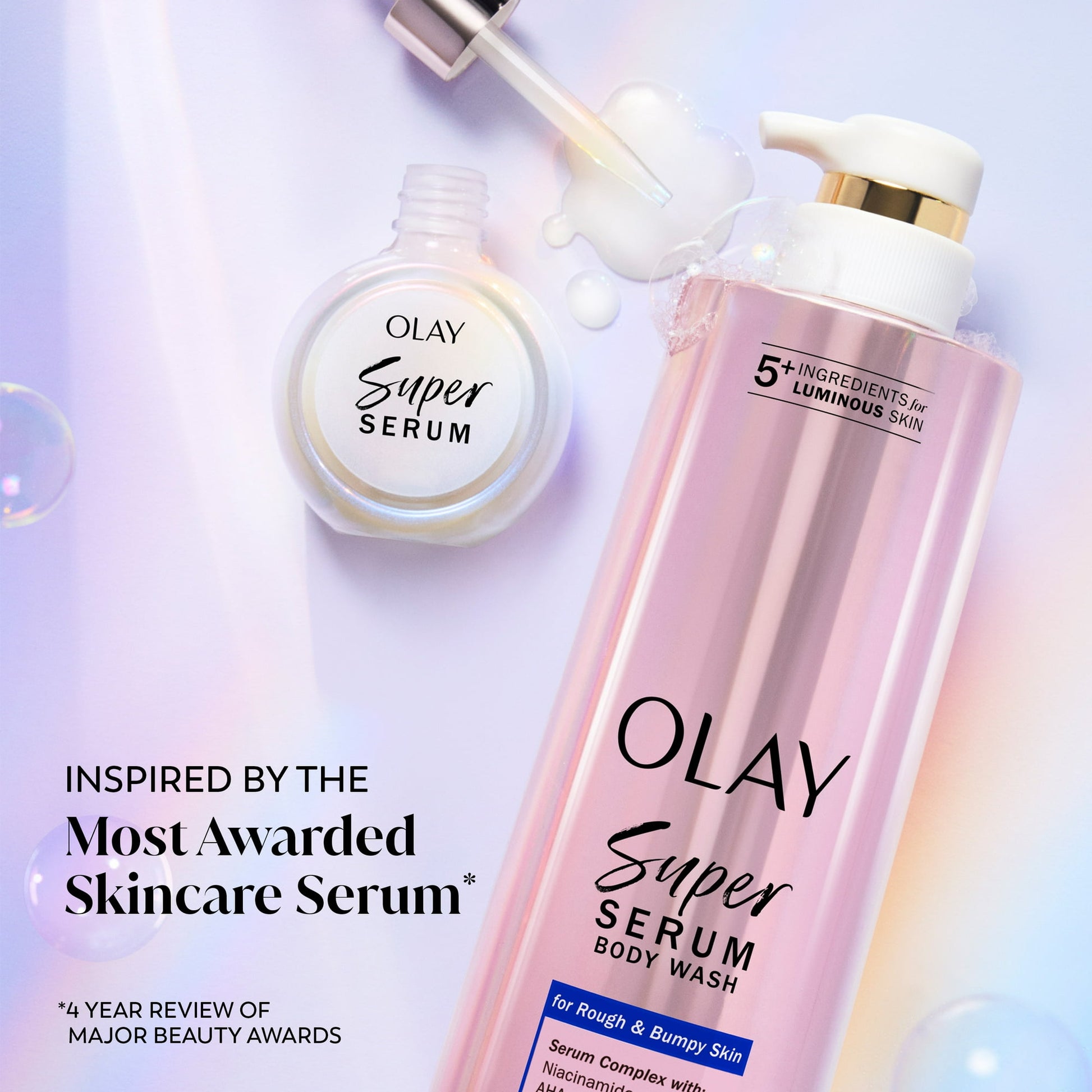 Olay Super Serum body wash bottle with serum container on a light purple background