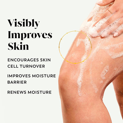 Person scrubbing leg with text about skin improvement benefits