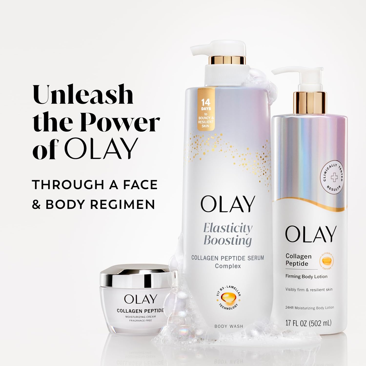 Olay skincare products including serum, body wash, and lotion on a white background with text 'Unleash the Power of Olay'.