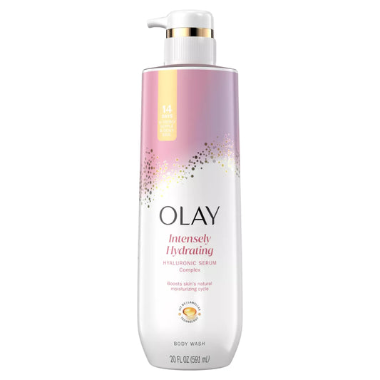 Olay Intensely Hydrating body wash bottle on a white background
