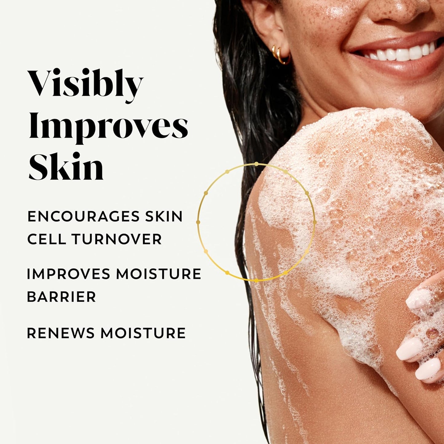 Woman applying a skincare product with text highlighting benefits on a white background