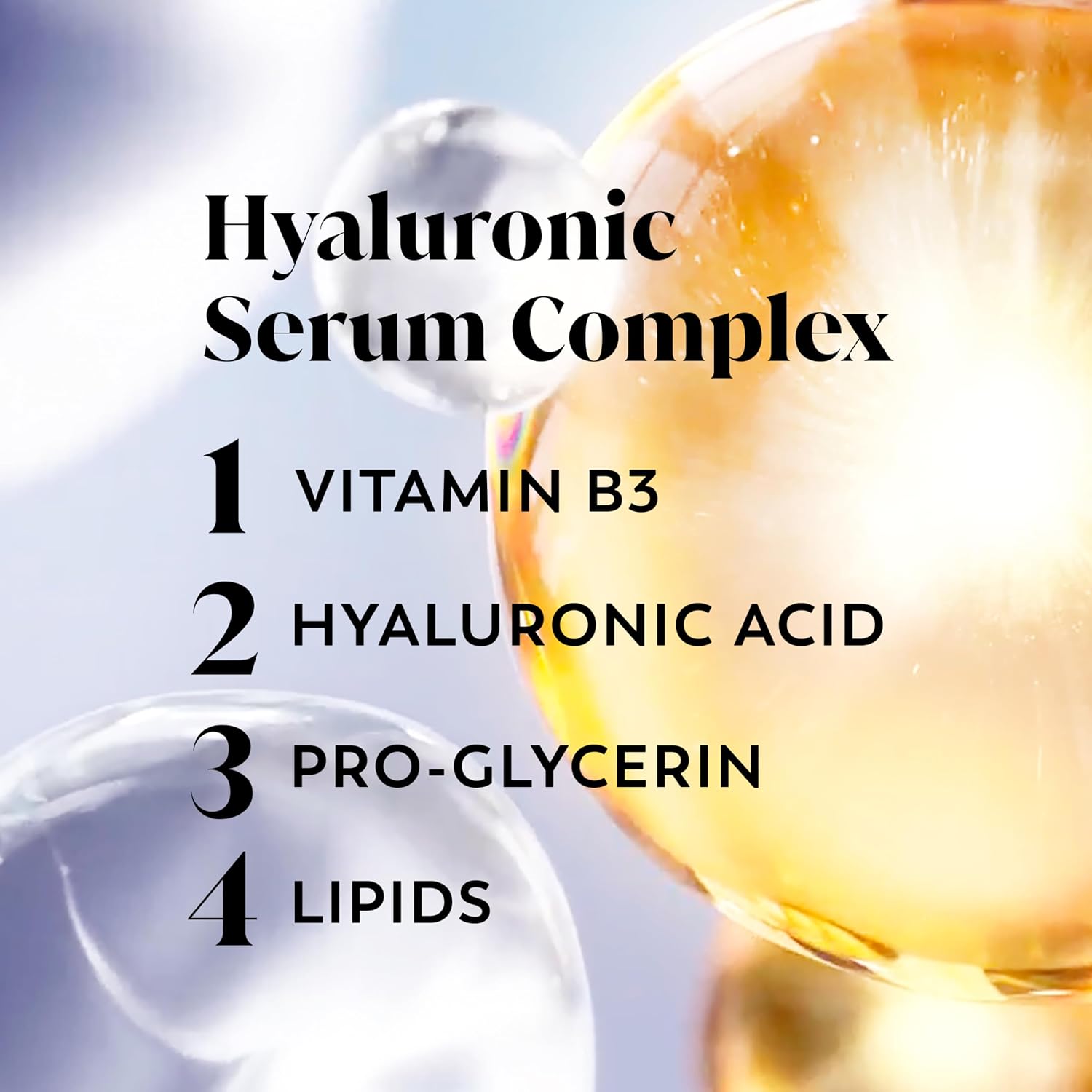 Hyaluronic Serum Complex with ingredients listed and close-up of serum droplet.