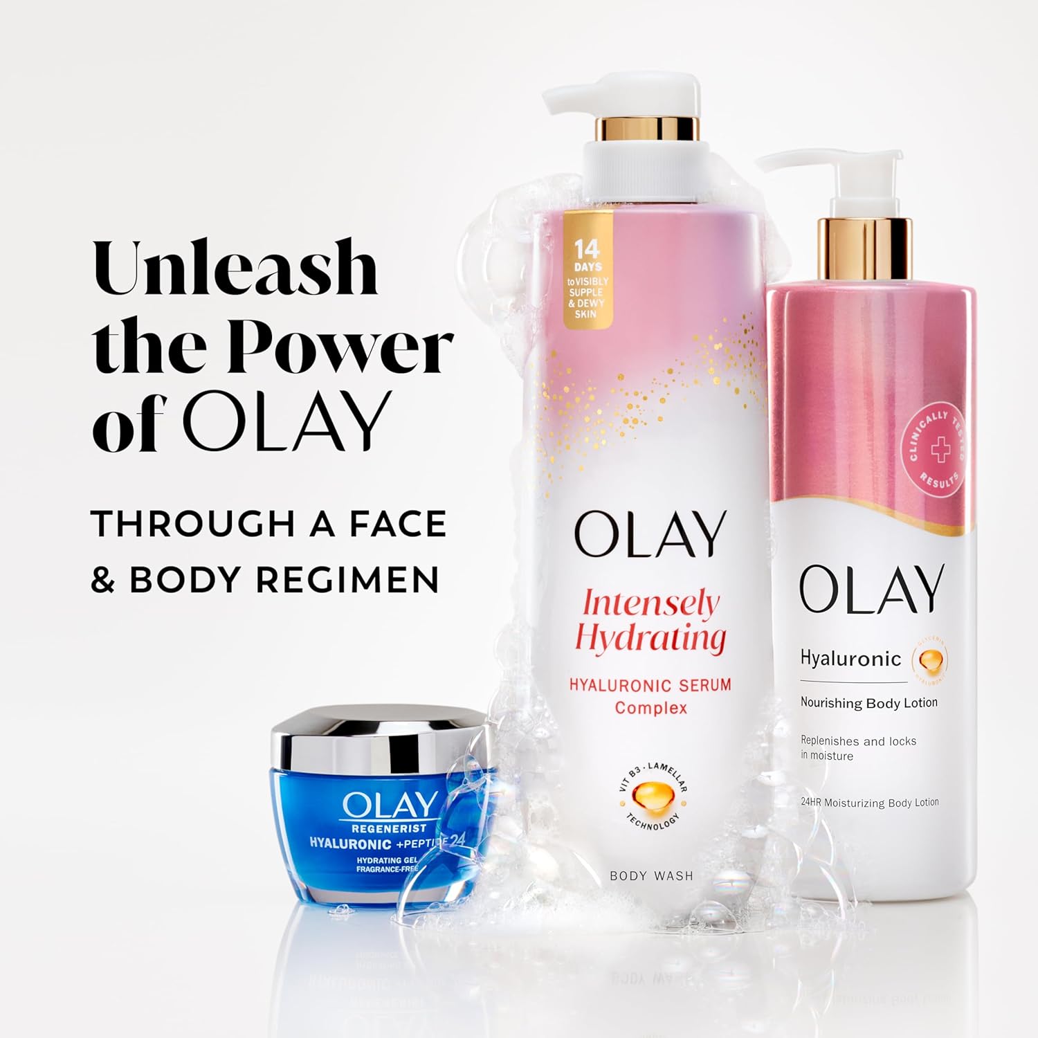 Olay skincare products including body wash, lotion, and cream on a white background with text 'Unleash the Power of Olay'.