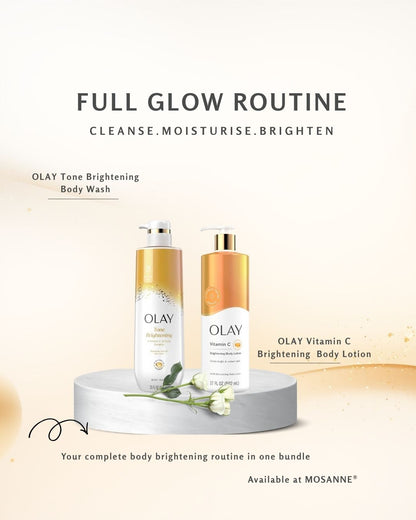 OLAY Full Glow Routine bundle featuring a bottle of Tone Brightening Body Wash and a bottle of Vitamin C Brightening Body Lotion displayed on a gray pedestal with a white flower, set against a warm beige background with text overlays.