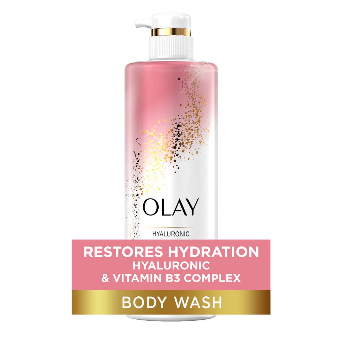 Olay Cleansing & Nourishing Body Wash features a pink and white gradient design with gold sparkles. It boasts Restores Hydration text, enriched with vitamin B3 complex and hyaluronic acid for soft, supple skin from the OLAY brand.