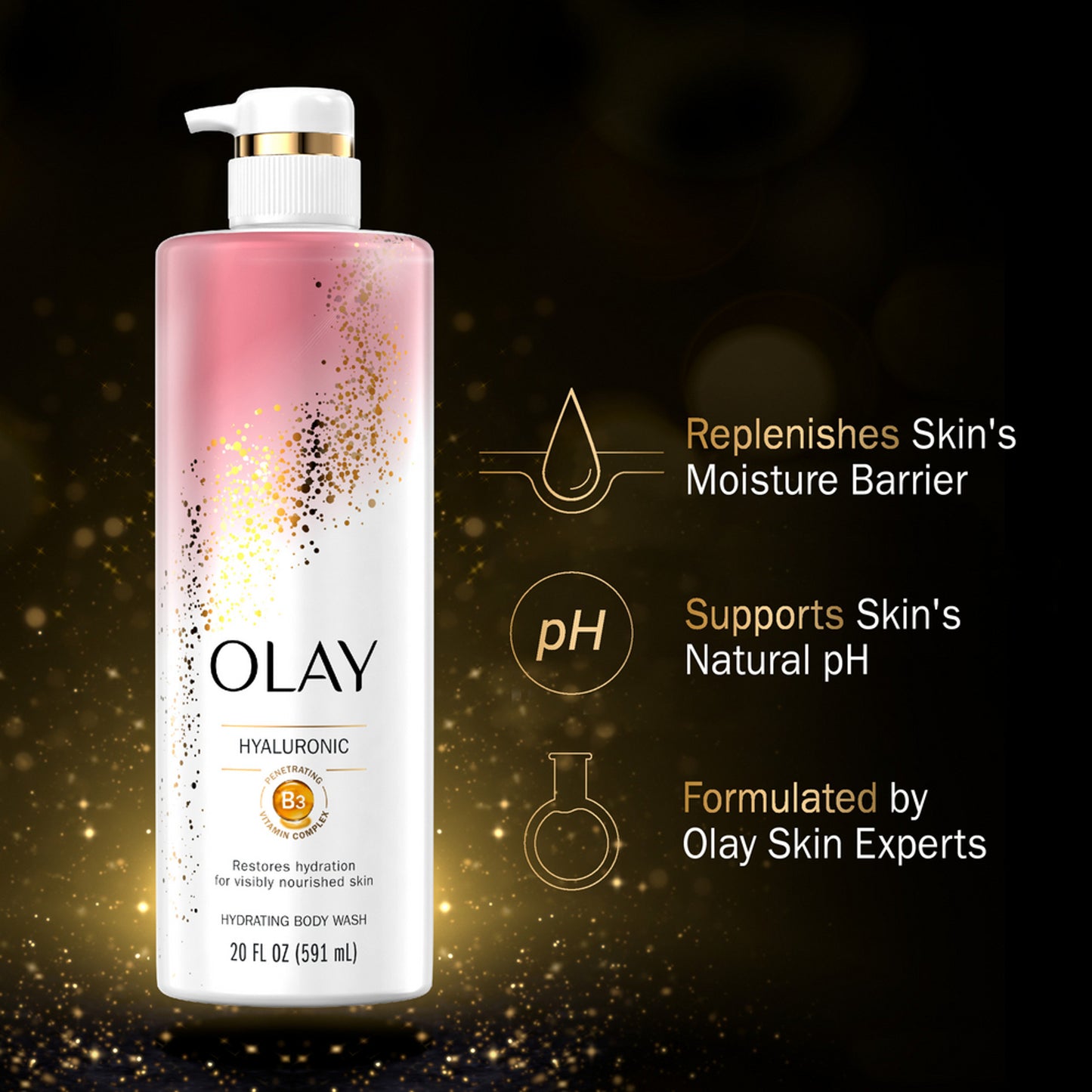 The Olay Cleansing & Nourishing Body Wash with Vitamin B3 & Hyaluronic Acid (20 fl oz) features a luxurious white and pink design with a gold cap. It expertly replenishes moisture and supports pH, enhanced by golden sparkles to highlight its opulence.
