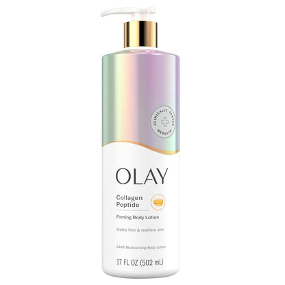 A 17 fl oz (502 mL) pump bottle of OLAY Hydrating & Firming Body Lotion with Collagen Peptide provides 24-hour moisturization and skin-firming benefits. Features a white label and iridescent pastel top.