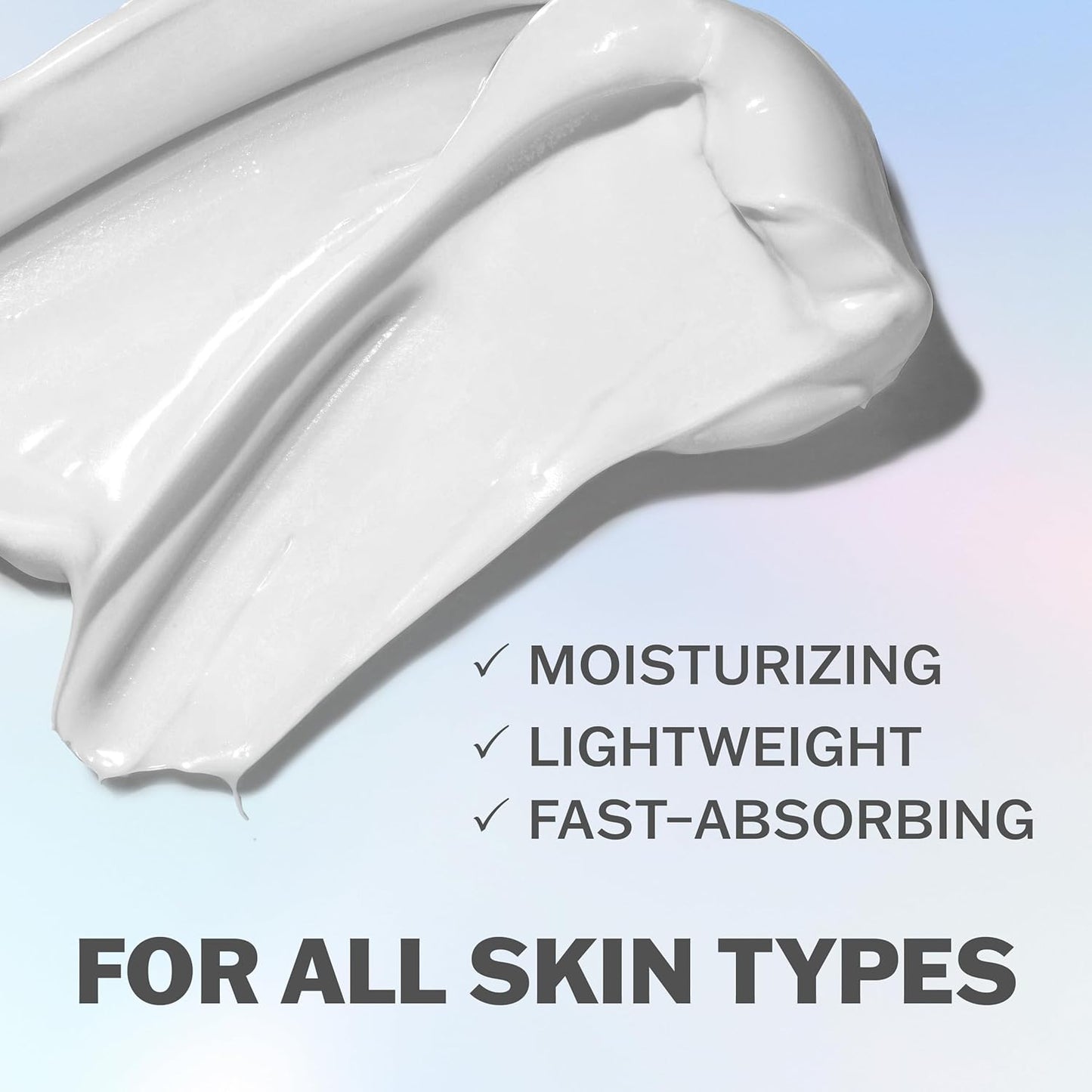 White cream smears on a pale gradient background with text: Moisturizing, Lightweight, Fast-Absorbing, and bold For All Skin Types. Features OLAY Hydrating & Firming Body Lotion with Collagen Peptide and skin-firming benefits.