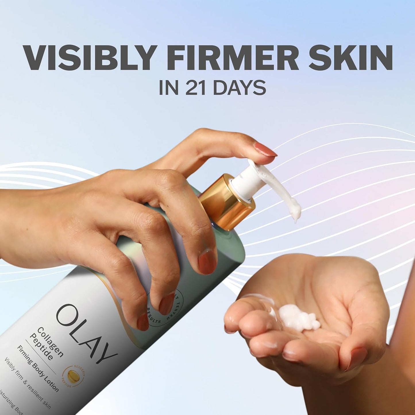 A person pumps OLAY Hydrating & Firming Body Lotion with Collagen Peptide onto their hand as text above reads “Visibly firmer skin in 21 days,” highlighting its skin-firming benefits against a light, wavy background.