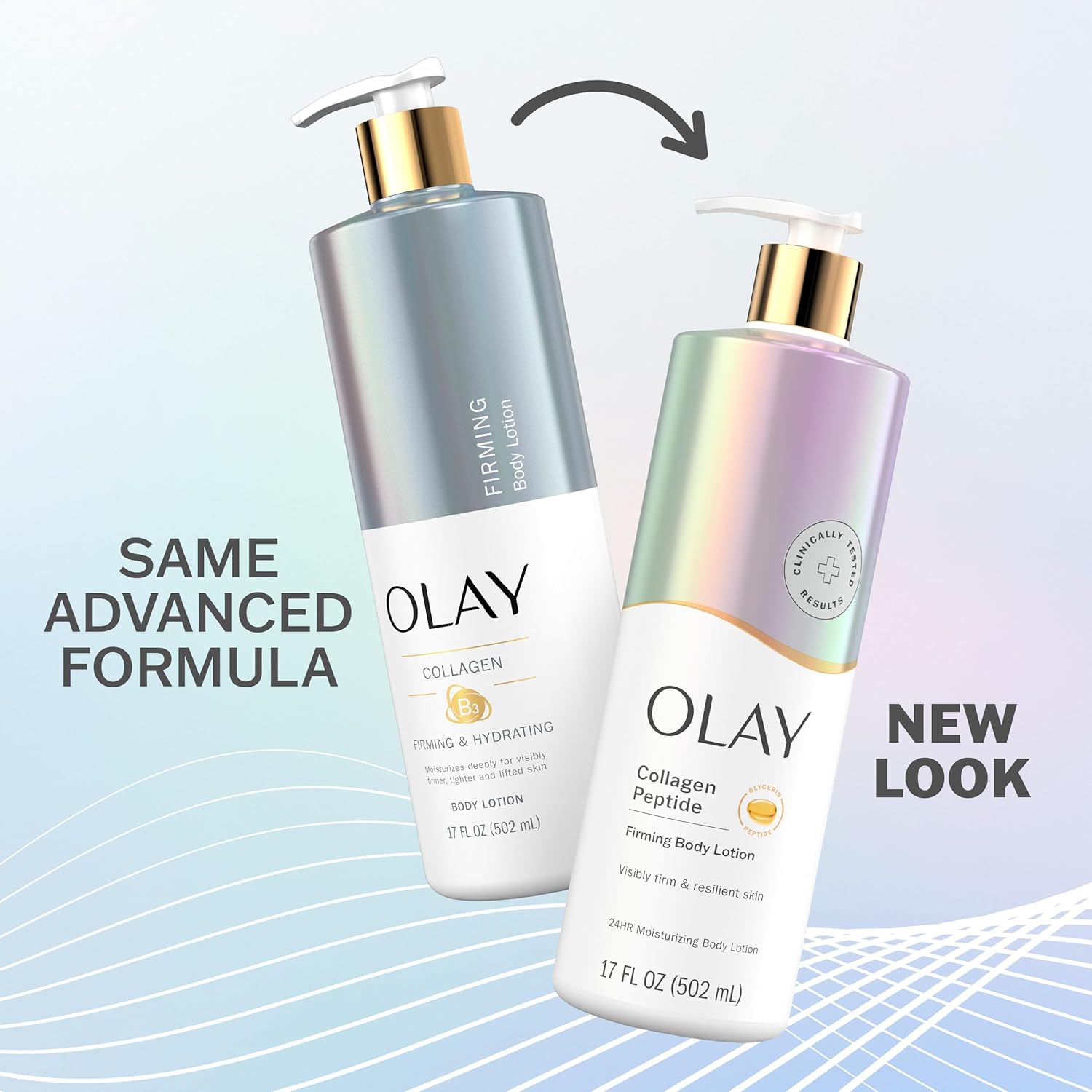 Two OLAY body lotion bottles appear side by side: the left shows Olay Hydrating & Firming Body Lotion with Collagen Peptide, and the right displays its new iridescent label. Text reads: Same Advanced Formula, New Look.