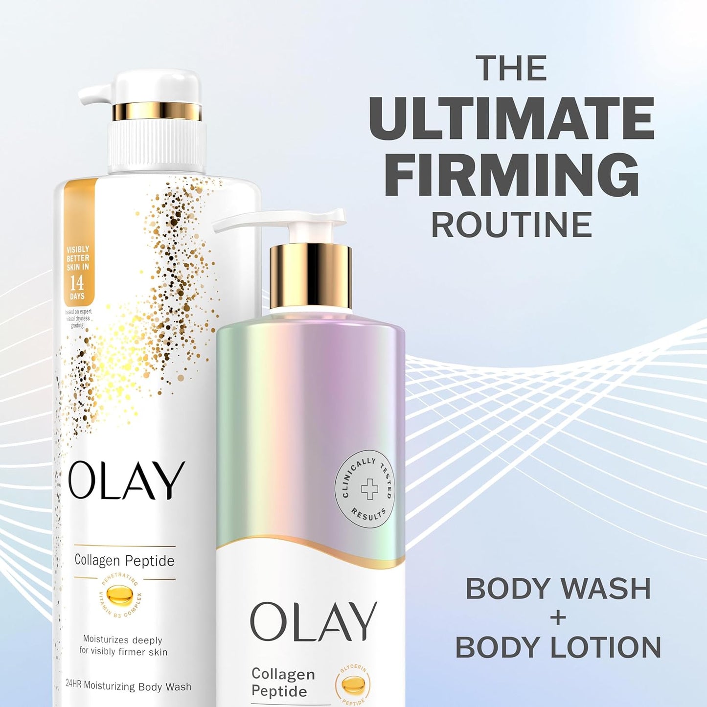 Two OLAY Hydrating & Firming Body Lotion with Collagen Peptide bottles—a white body wash and a shimmering collagen lotion—are displayed as The Ultimate Firming Routine against a soft wave background for visibly firmer, hydrated skin.