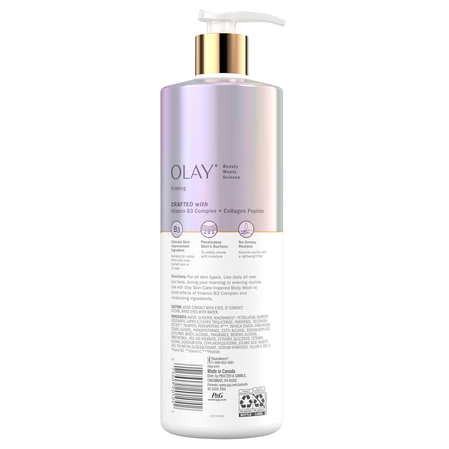 A tall, iridescent pump bottle of OLAY Hydrating & Firming Body Lotion with Collagen Peptide features a gold and white cap. The label highlights Vitamin B3 Complex for firming benefits, with usage directions on the back.