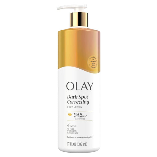 Olay Dark Spot Correcting body lotion with gold pump on white background