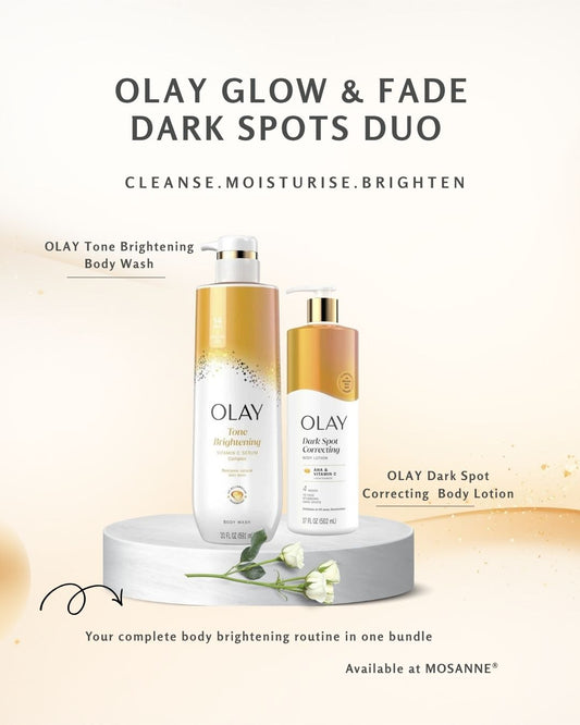 Olay Glow & Fade Dark Spots Duo body care set featuring a body wash and a body lotion on a light gray pedestal, with promotional text on a warm beige background.