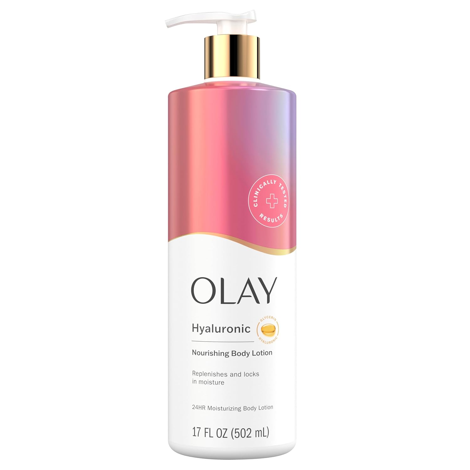 A 17 fl oz bottle of OLAY Nourishing & Hydrating Body Lotion features a gradient pink and purple design, infused with Vitamin B3 Complex and hyaluronic acid to replenish and lock in moisture, marked with a Clinically Proven Results seal.