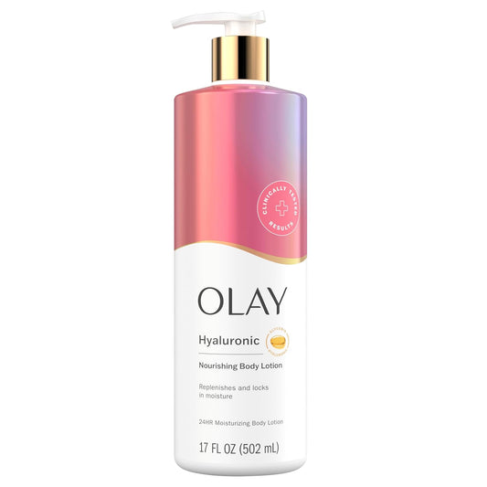 A 17 fl oz bottle of OLAY Nourishing & Hydrating Body Lotion features a gradient pink and purple design, infused with Vitamin B3 Complex and hyaluronic acid to replenish and lock in moisture, marked with a Clinically Proven Results seal.